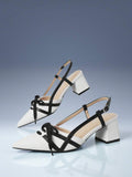 Silver textured toe slingback heel with white lace detail