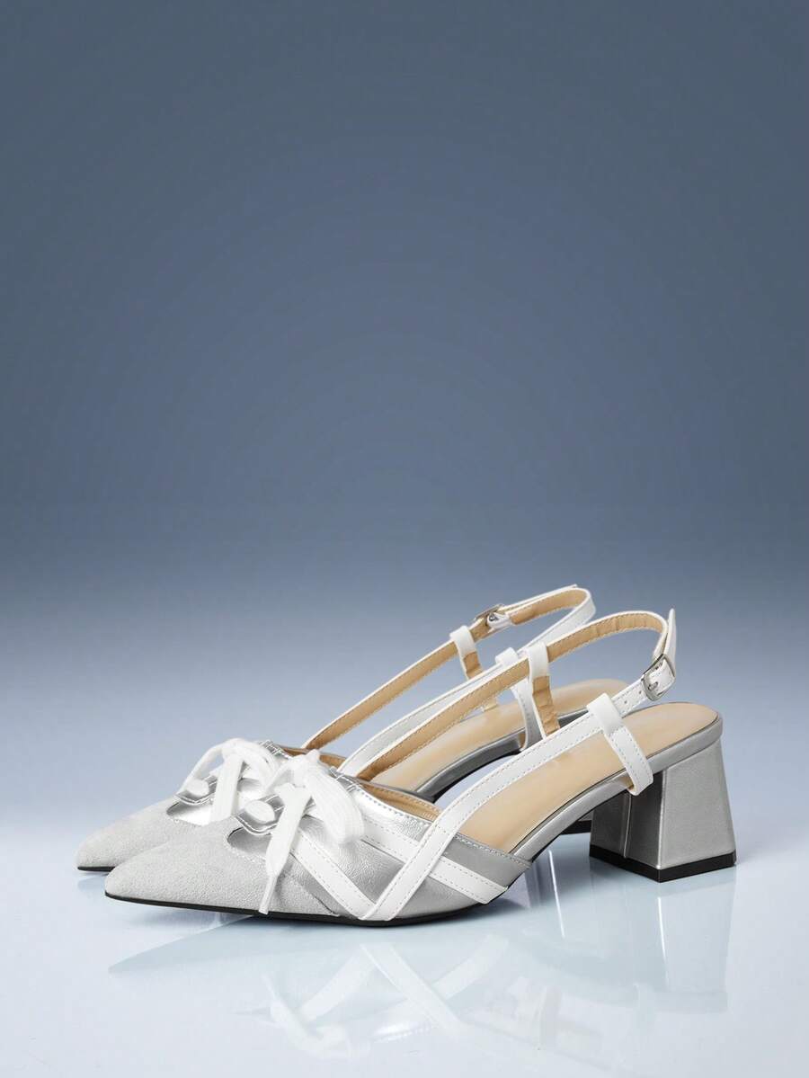 Cream and black slingback heel with mid block heel