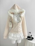Front view of ivory cable-knit zip-up hoodie with white faux-fur hood