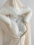 Close detail of ivory cable-knit faux-fur hood zip-up hoodie