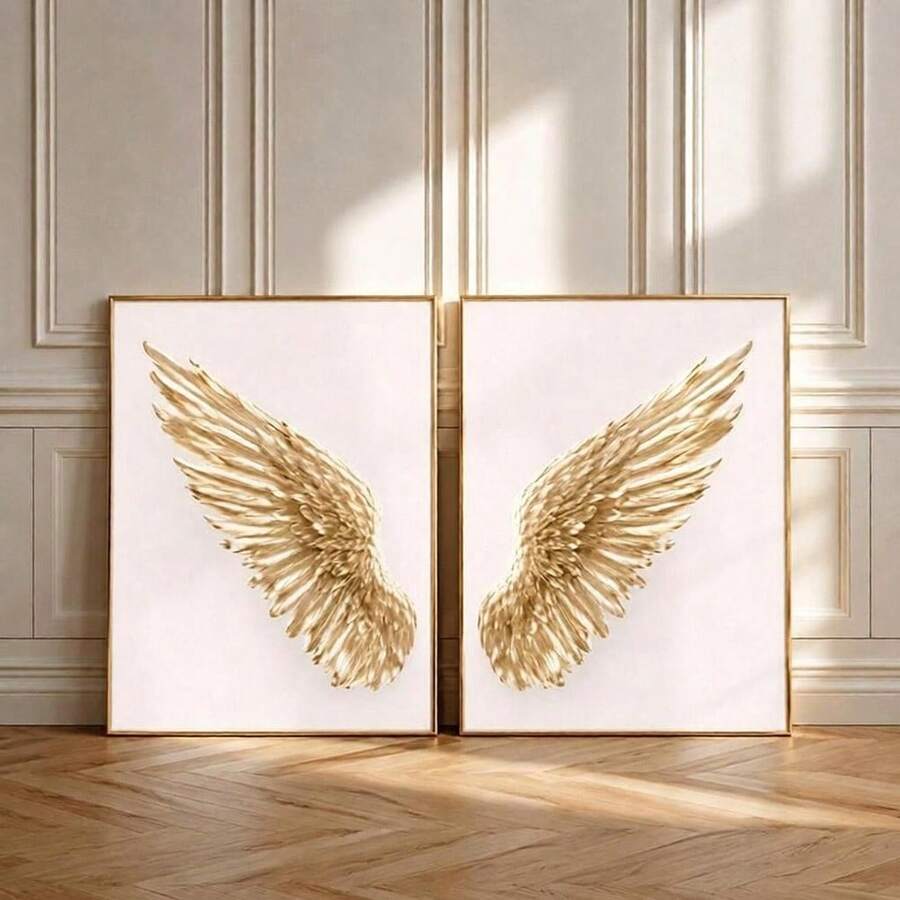 Gold angel wings canvas wall art matching two panel set