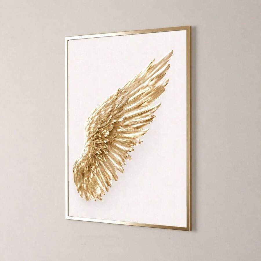 Gold feather wing canvas art displayed in a hallway