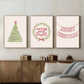 Three panel Merry and Bright Christmas canvas art set