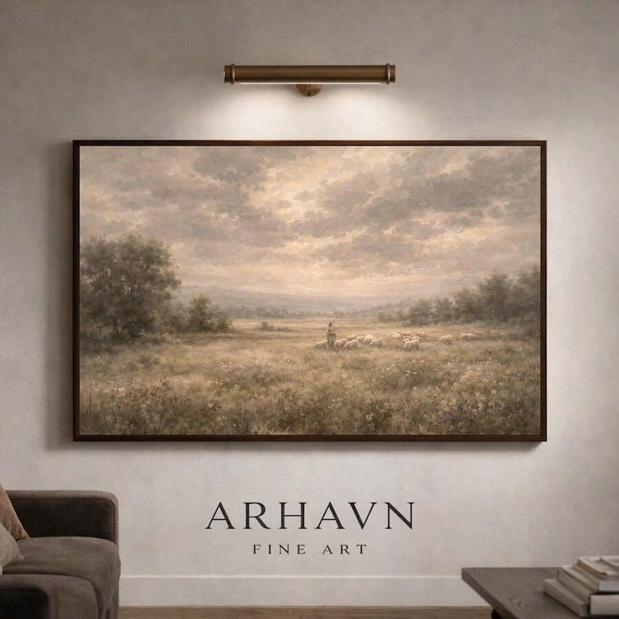 Framed horizontal canvas showing a shepherd and sheep in a muted meadow against a cloudy sky, displayed on a dark paneled wall