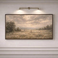 Wide framed pastoral canvas print with shepherd and flock above a pale paneled wall