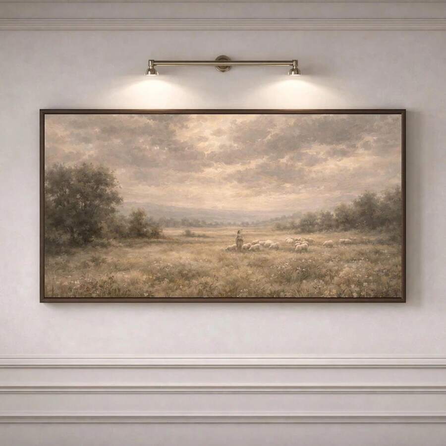 Wide framed pastoral canvas print with shepherd and flock above a pale paneled wall