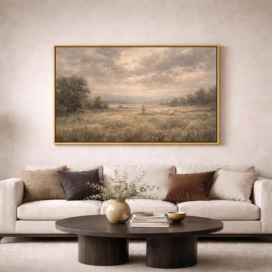 Shepherd and sheep landscape canvas in a gold-toned frame above a sofa and coffee table