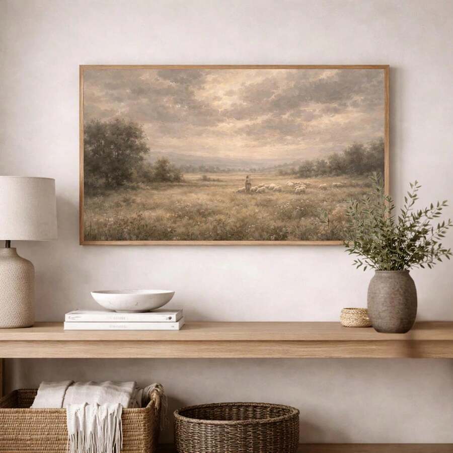 Horizontal pastoral canvas depicting a shepherd and flock above a console with neutral decor