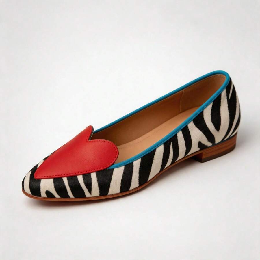 Front on-foot view of red-heart striped loafers with rounded toes
