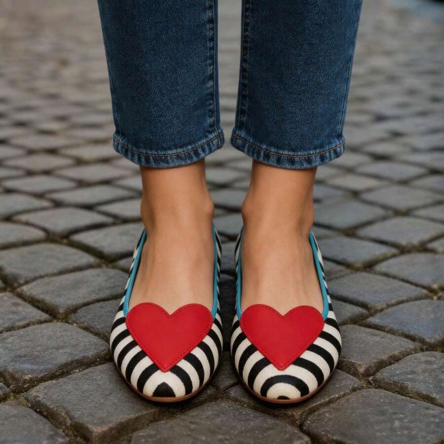 Close side view of black-and-ivory zebra flats with black heart appliqué