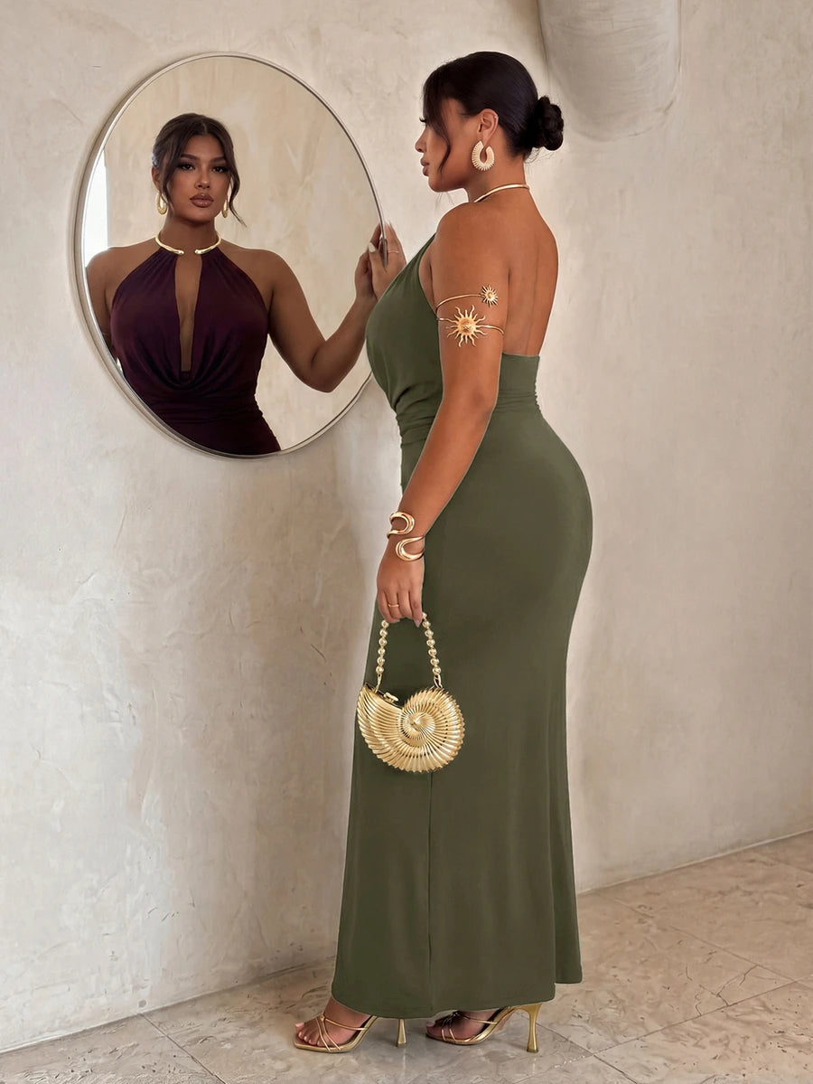 Side back view of army green backless halter maxi dress with fitted long skirt