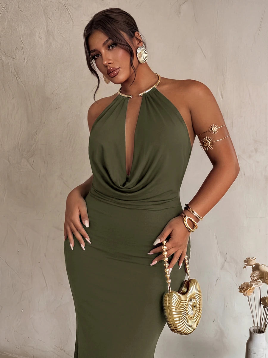Close front view of army green bodycon maxi dress with gold halter hardware