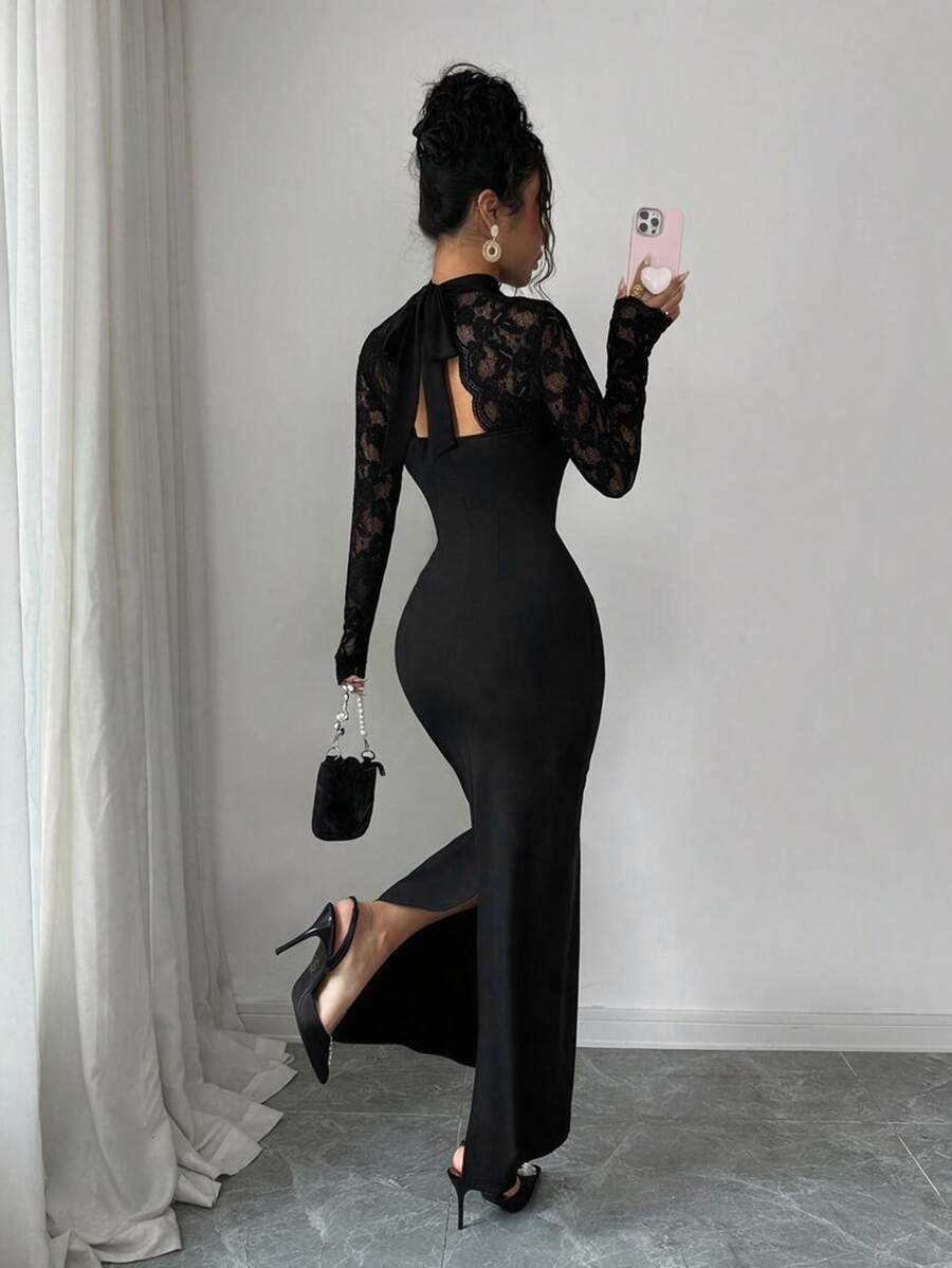 Front view of black high-neck cutout lace bodycon maxi dress with long sleeves