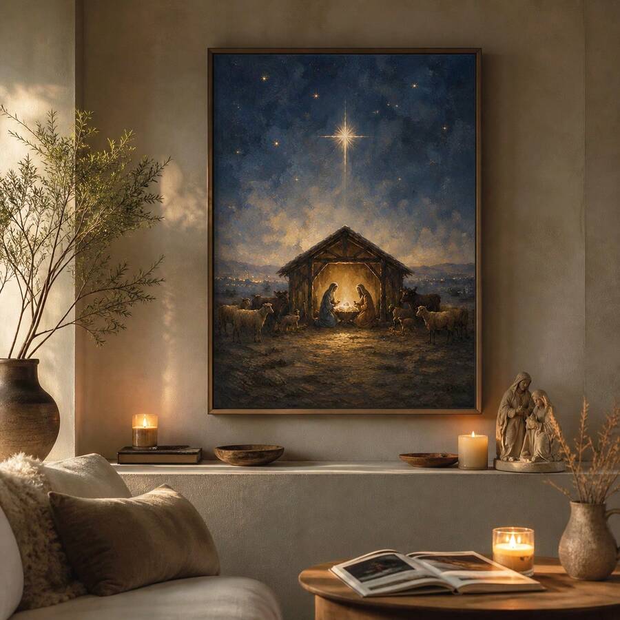 Vintage Nativity Wall Art, Star of Bethlehem Christian Christmas Canvas Print 