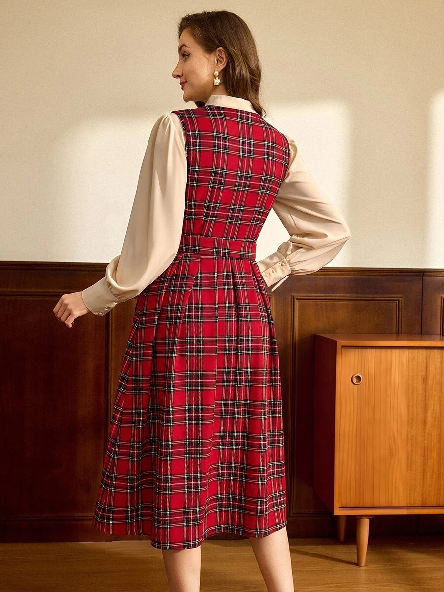 Vintage Preppy Red Plaid Fitted Button Up Dress with Umbrella Hem for Christmas and School