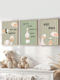 Set of three funny goose canvas wall art prints with pastel stripes above a dresser