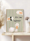Framed Are You Pooping cartoon goose canvas print with toilet paper on pink and green stripes