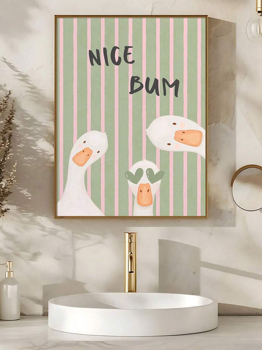 Framed Nice Bum cartoon goose bathroom canvas print above a modern sink