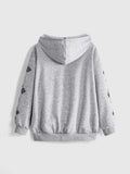 Back view of grey oversized zip-up hoodie with graphic sleeve print