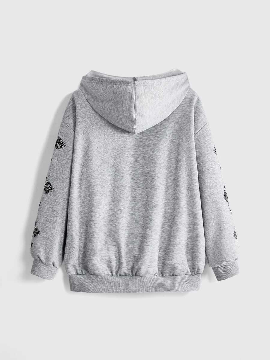 Back view of grey oversized zip-up hoodie with graphic sleeve print