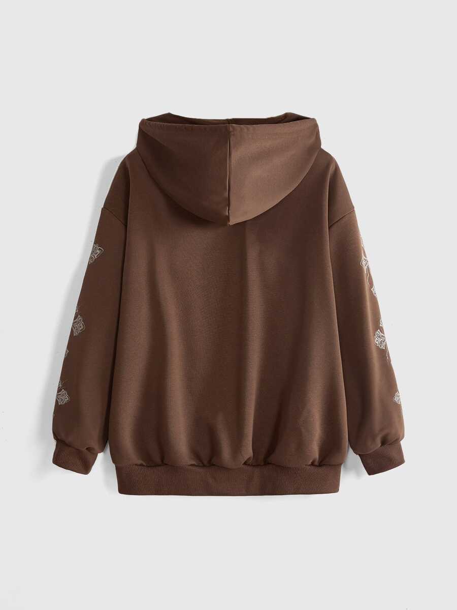 Back view of coffee brown oversized zip-up hoodie with graphic sleeve print