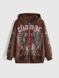 Front view of coffee brown hooded zip-up sweatshirt with cross vine graphic