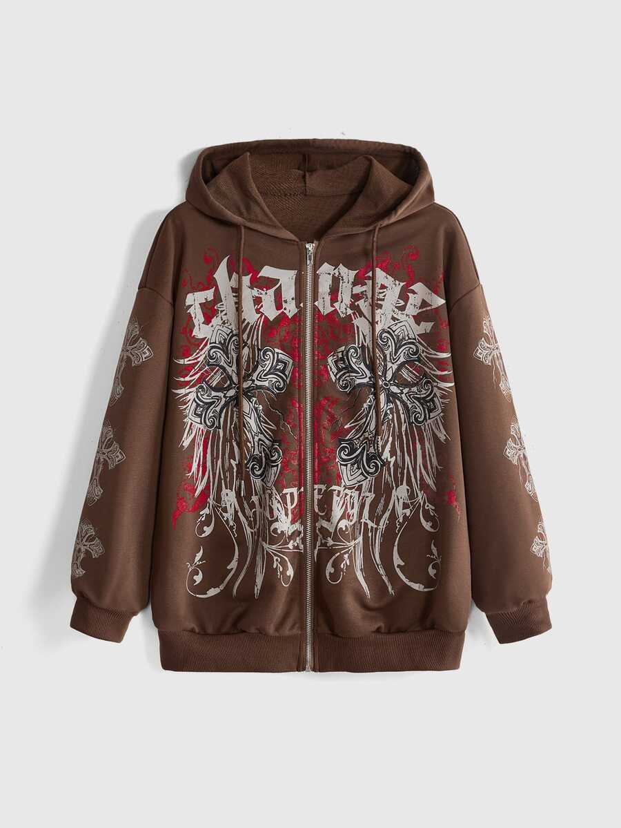 Front view of coffee brown hooded zip-up sweatshirt with cross vine graphic