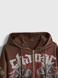 Close front view of coffee brown cross vine graphic hoodie with zipper and hood