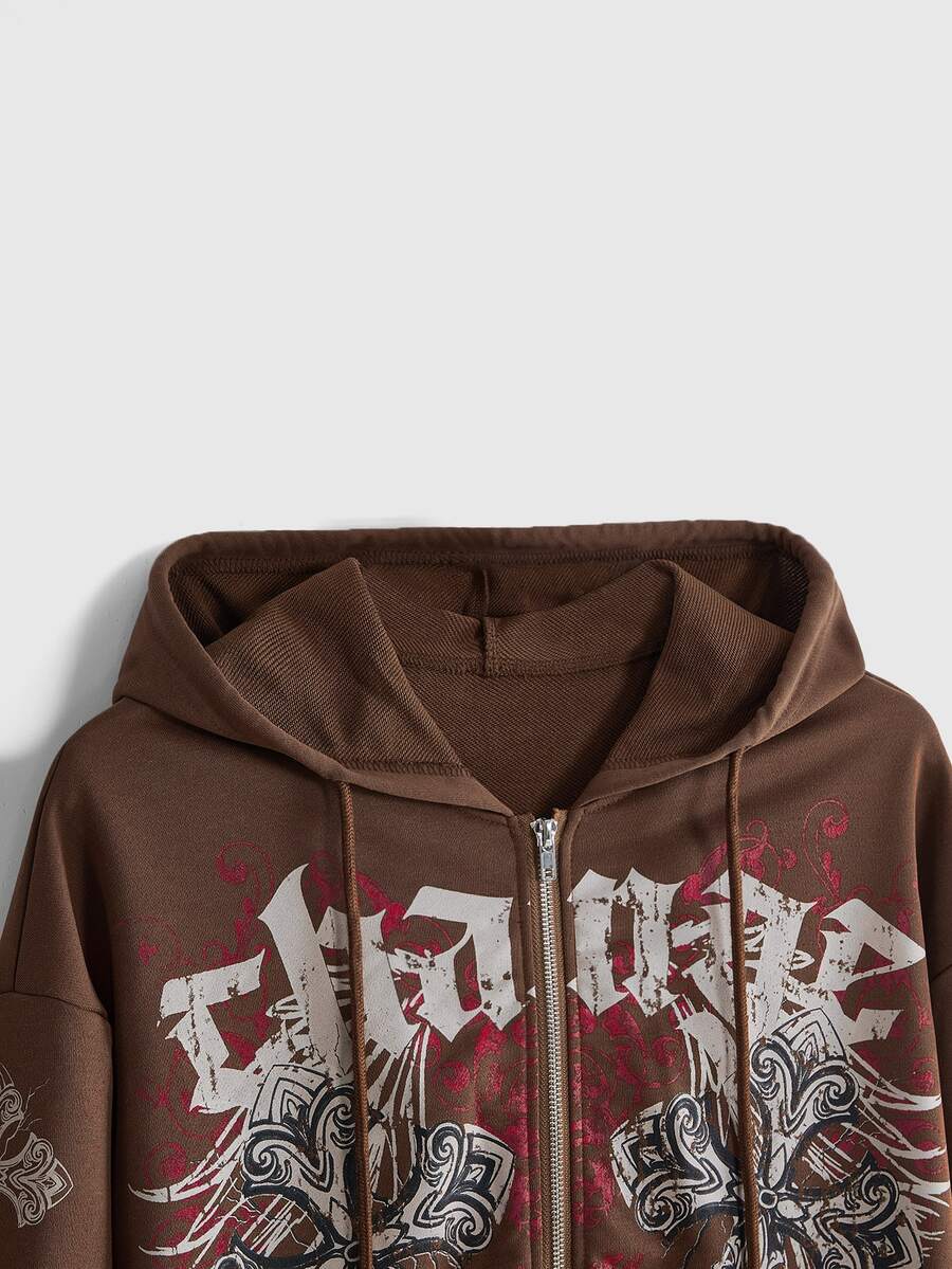 Close front view of coffee brown cross vine graphic hoodie with zipper and hood