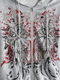 Close front view of grey cross vine graphic hoodie with zipper and hood