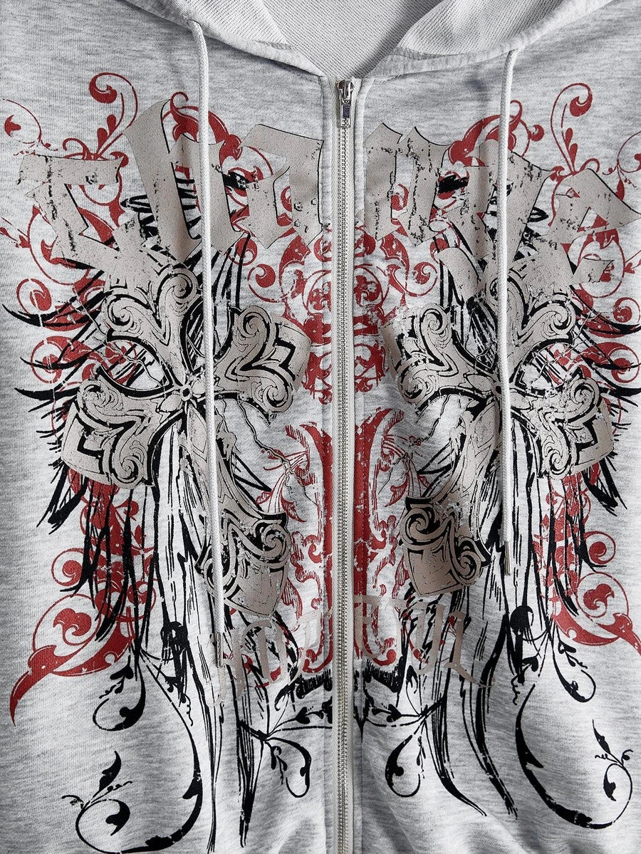 Close front view of grey cross vine graphic hoodie with zipper and hood
