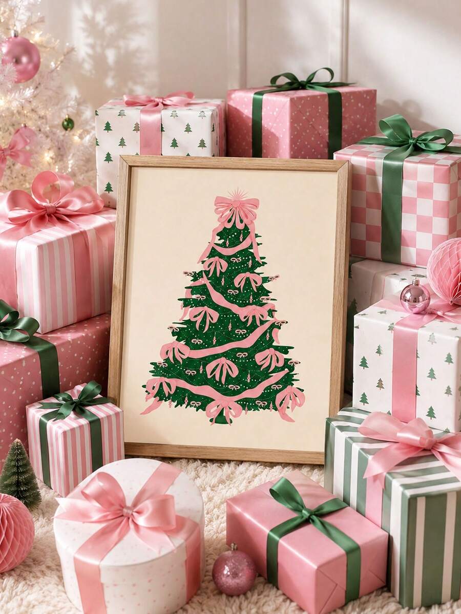 Coquette Christmas canvas wall art with pink bows and green tree beside wrapped gifts