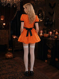 Rear three-quarter view of orange puff-sleeve pumpkin maid mini dress with black waist bow