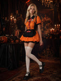 Front view of orange black Halloween maid cosplay dress with pumpkin apron and flared skirt