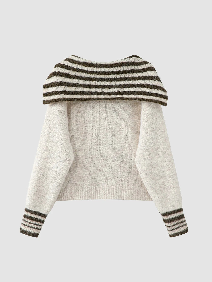 Front view of ivory fuzzy knit zip cardigan with charcoal striped sailor collar and rib trim