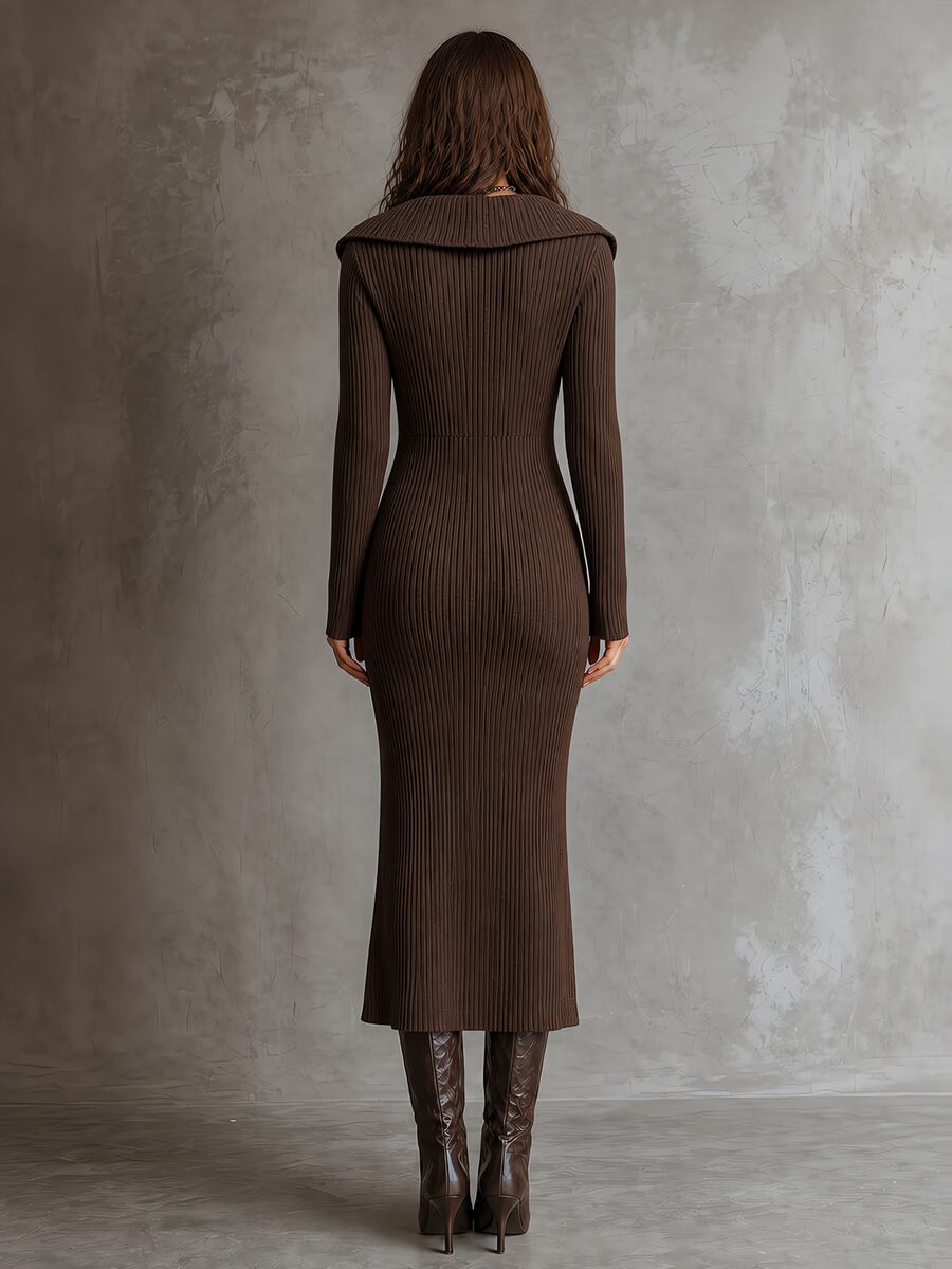 Shop a vintage French knit midi dress with a lapel collar and button details. A timeless style for fall outfits, winter gatherings, and everyday elegance.