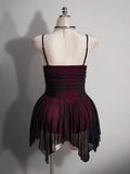 Back view of burgundy and black spaghetti strap gothic mini dress with layered mesh fairy hem