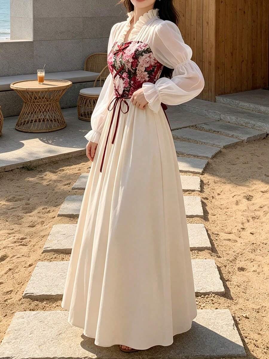Side view of apricot floral corset maxi dress with bishop sleeves