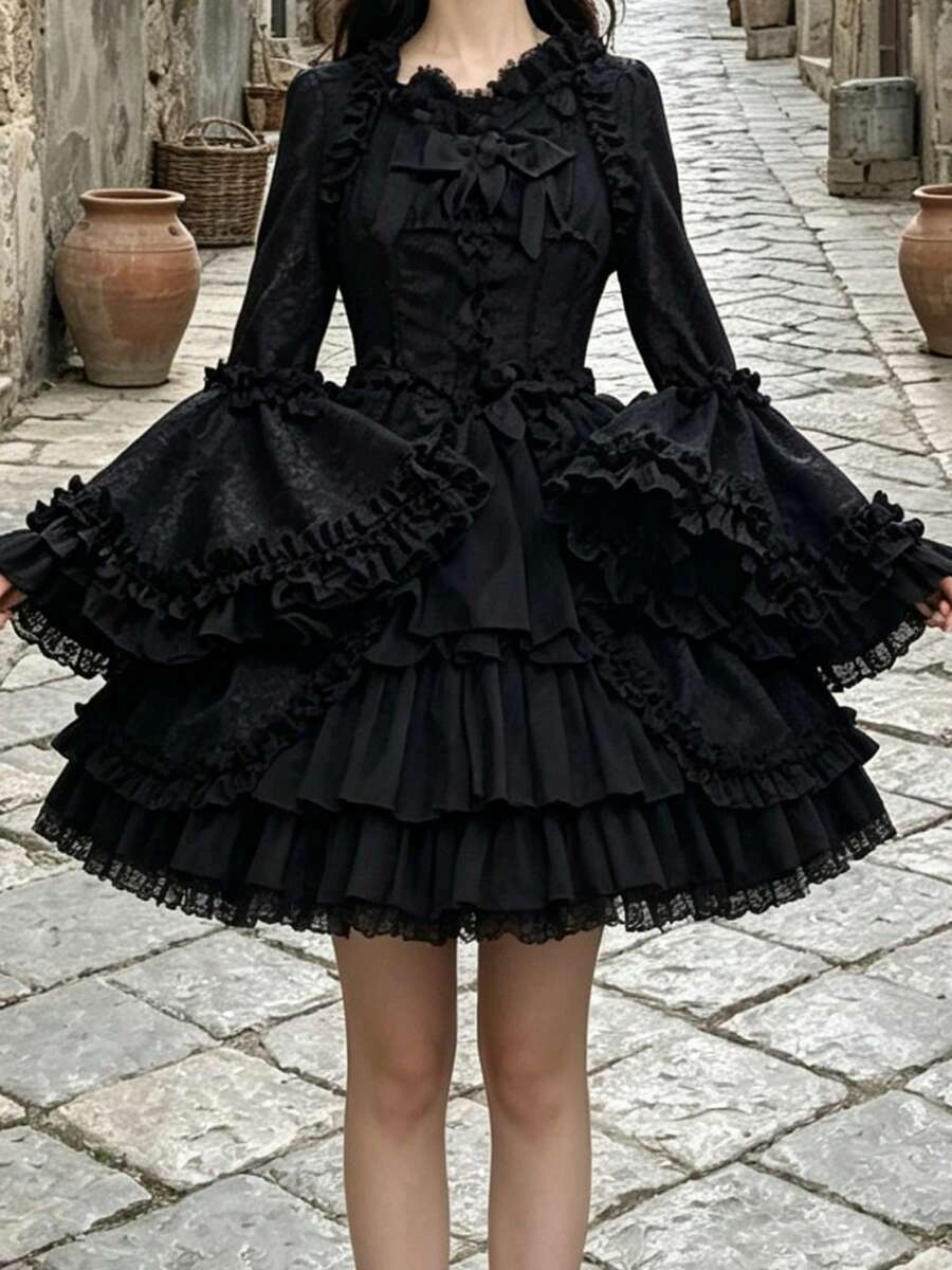 Three-quarter front view of black gothic Lolita dress with tiered ruffles and bell sleeves