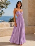 Mauve purple pleated open-back maxi dress with crossed straps, rear view