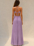 Mauve purple pleated halter maxi dress flowing skirt detail