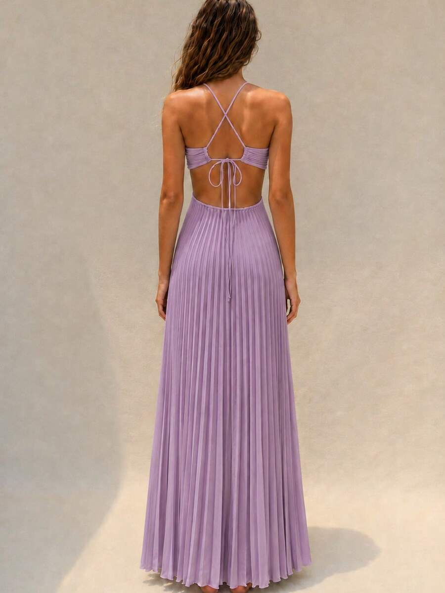 Mauve purple pleated halter maxi dress flowing skirt detail