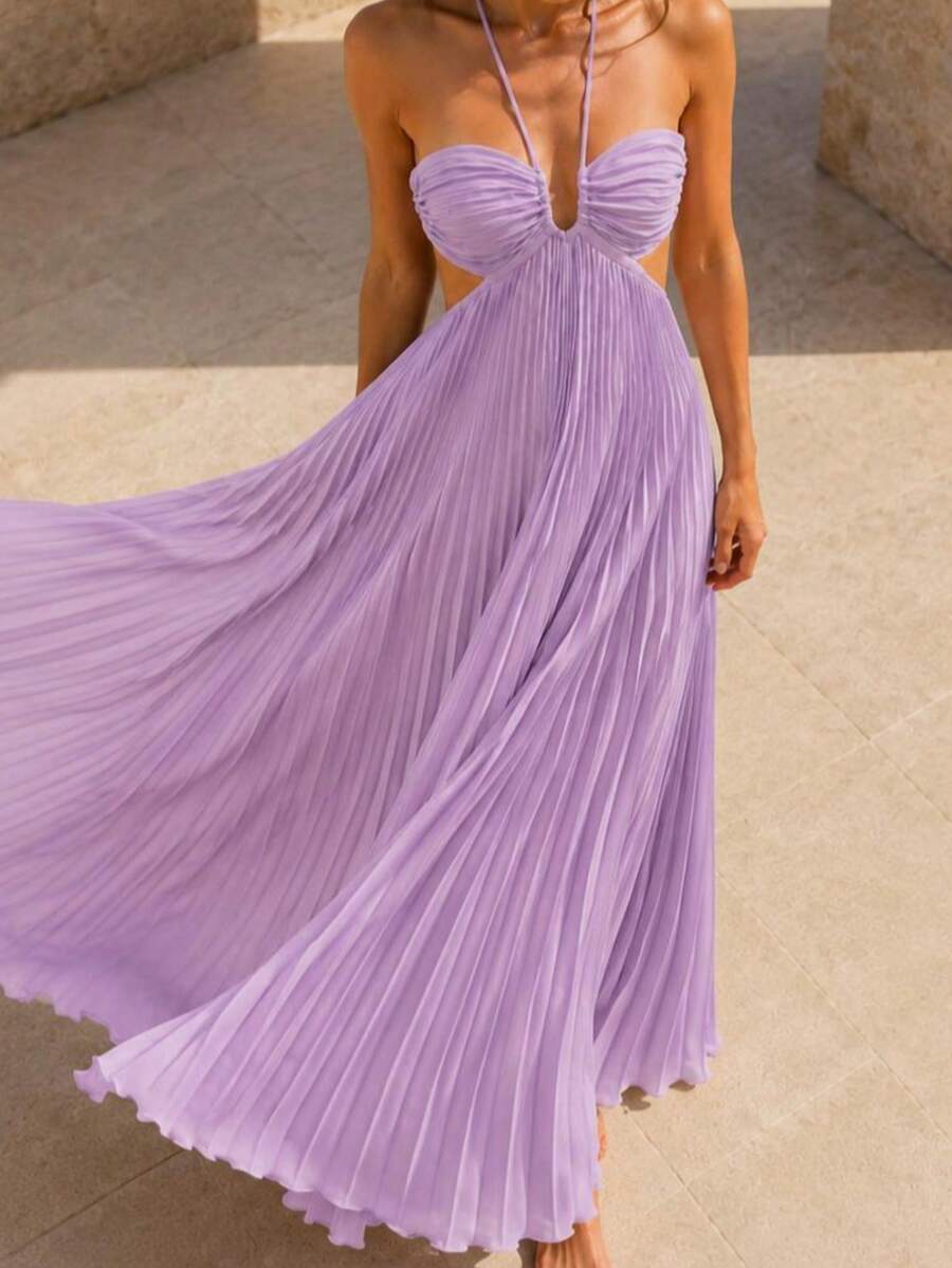 Baby pink pleated halter maxi dress with ruched bust, front view