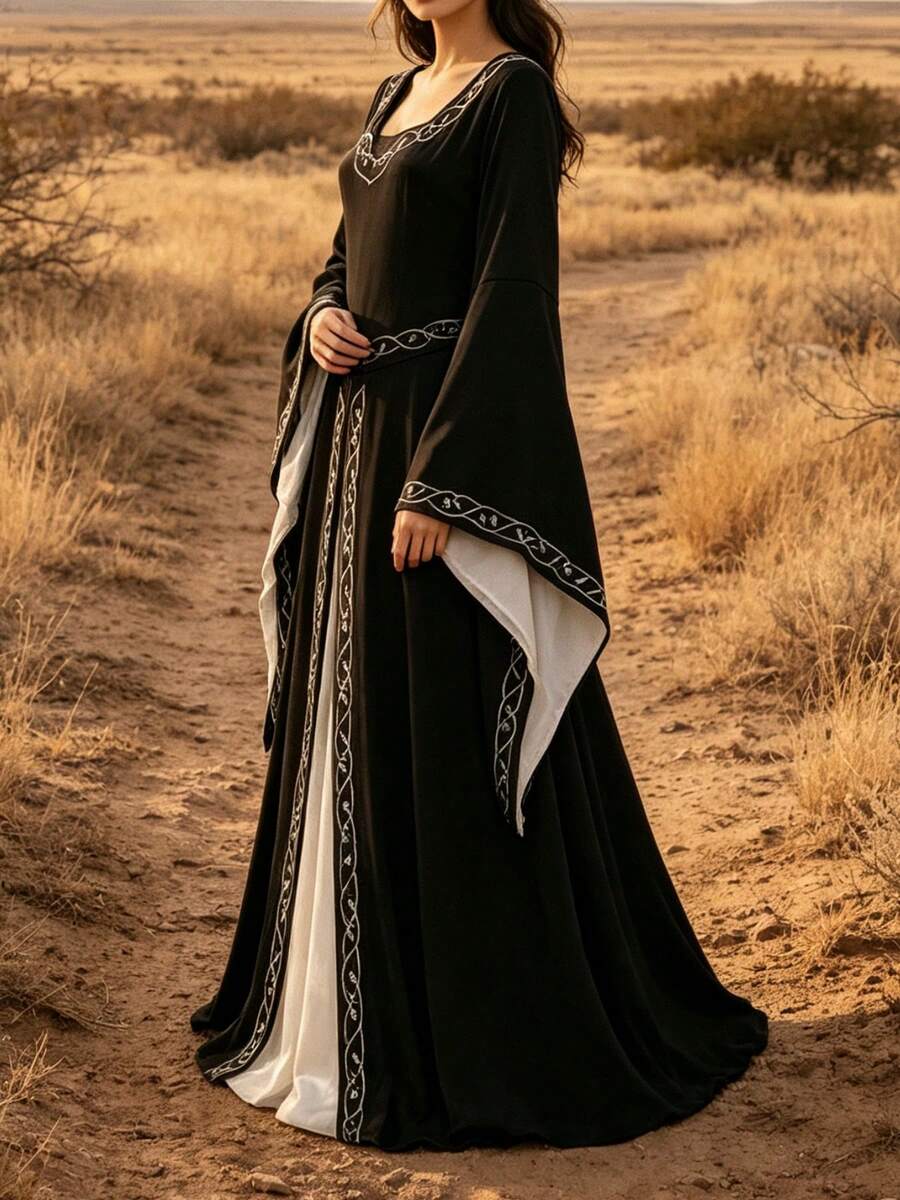 Angled front view of black medieval costume dress with square neckline