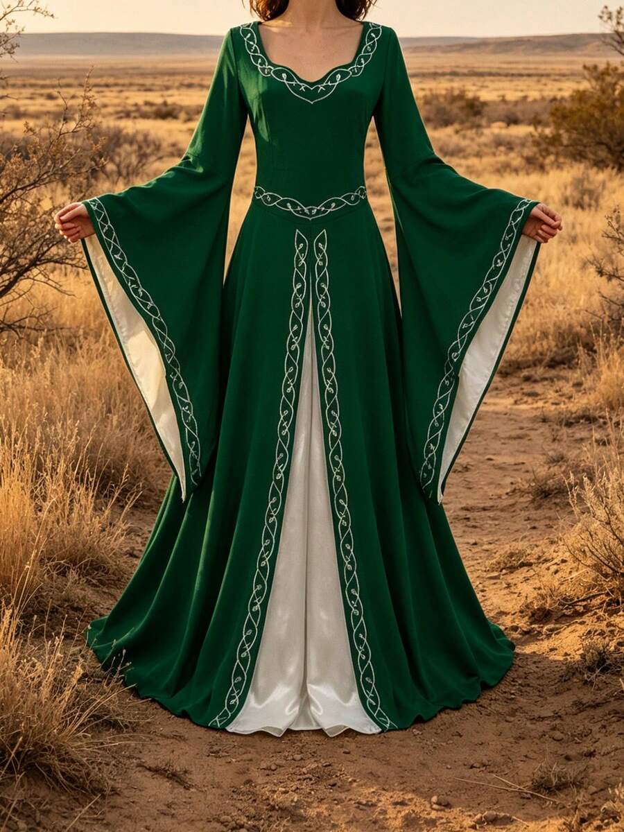 Front view of deep green medieval maxi dress with white underlayer and cord trim
