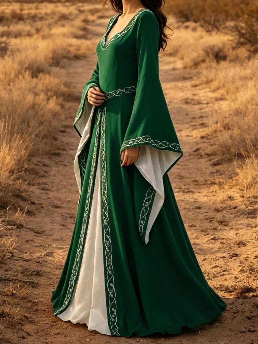 Angled front view of deep green Celtic-inspired costume gown