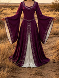 Front view of plum purple Celtic medieval maxi dress with white underlayer