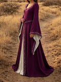 Angled front view of plum Renaissance costume dress with bell sleeves