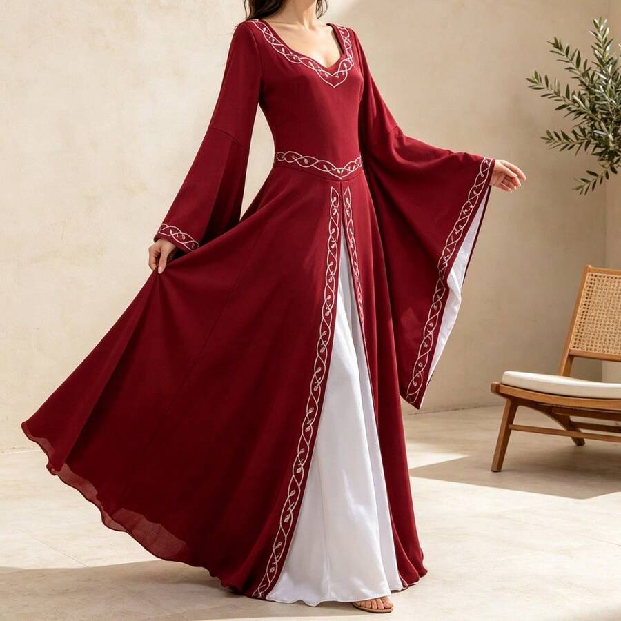 Angled front view of burgundy medieval costume dress with flared bell sleeves