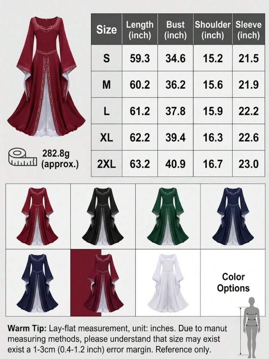 Size chart for Celtic medieval maxi costume dress in six color options
